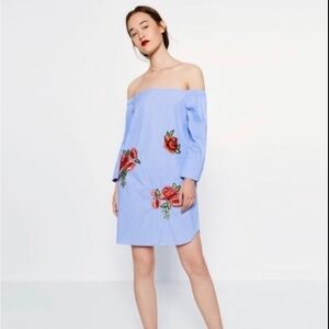 Zara Sky Blue White Stripe Off Shoulder Floral Rose Embroidered Mini Dress